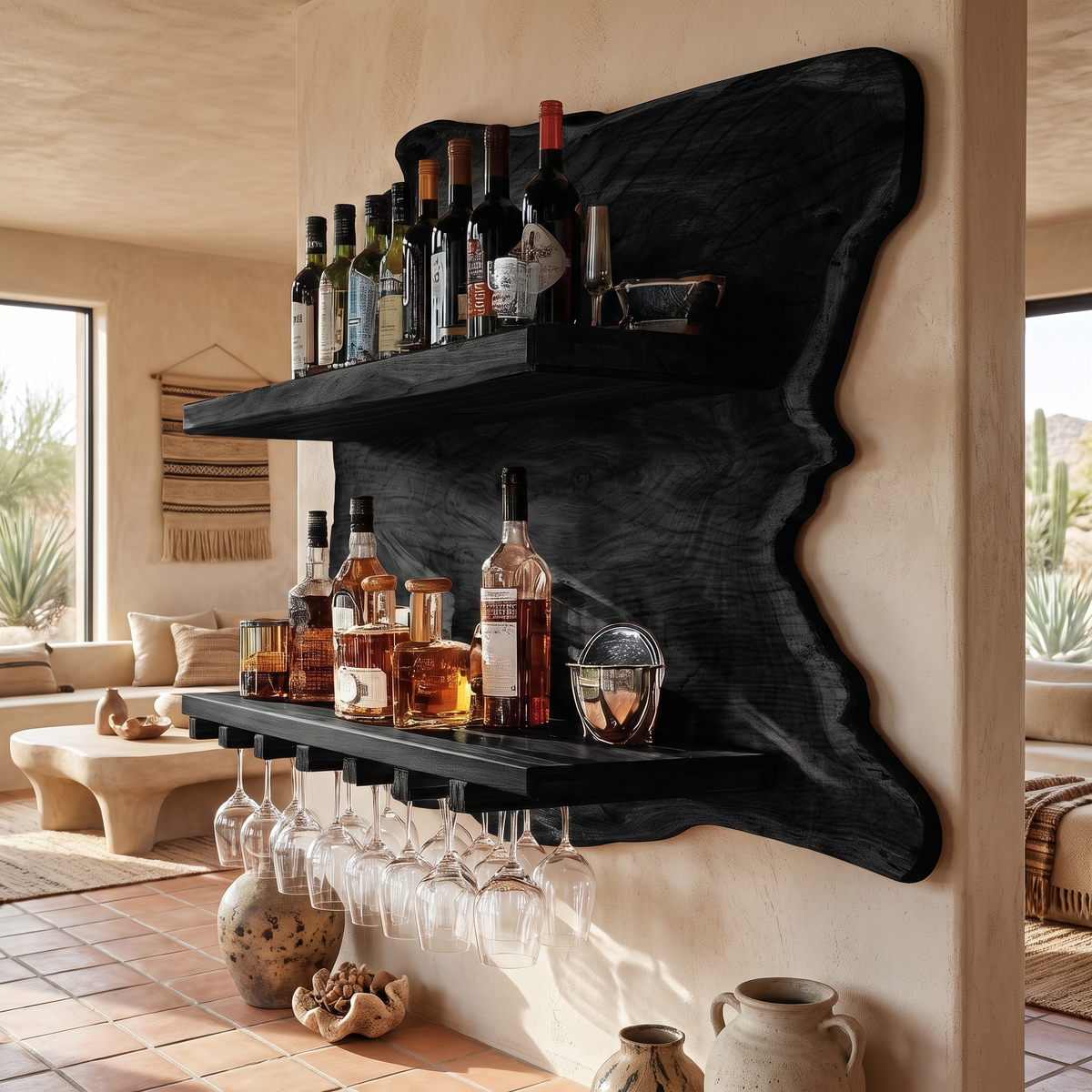 Live Edge Wood Wall Wine Shelf with Integrated Stemware Rack in Black finish