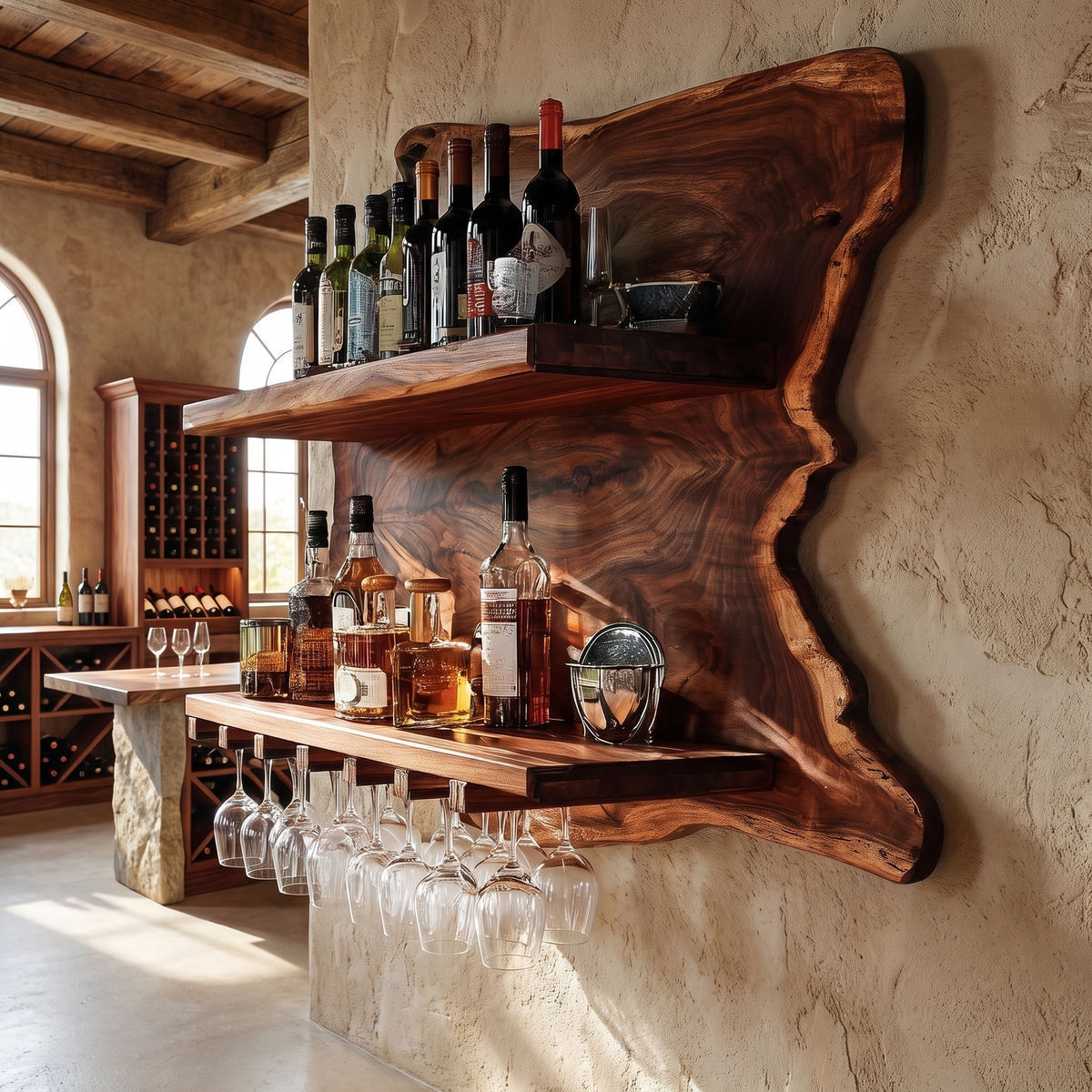 Live Edge Wood Wall Wine Shelf with Integrated Stemware Rack in Mahogany finish