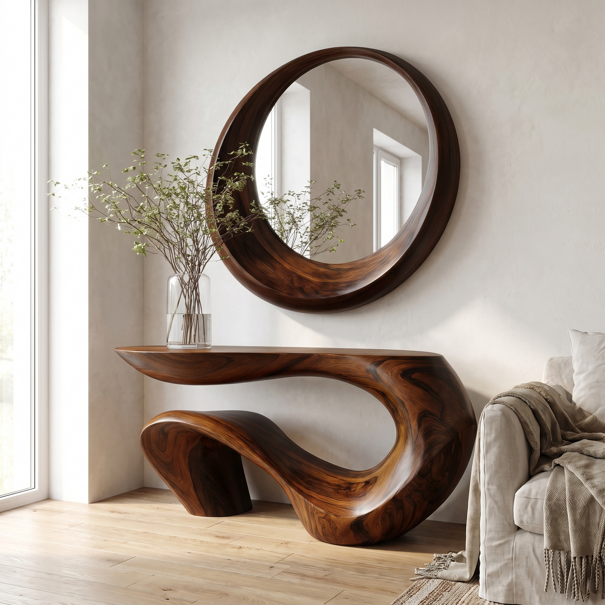 Sculpted Solid Wood Console Table with Wave Asymmetrical Base in Dark Walnut finish