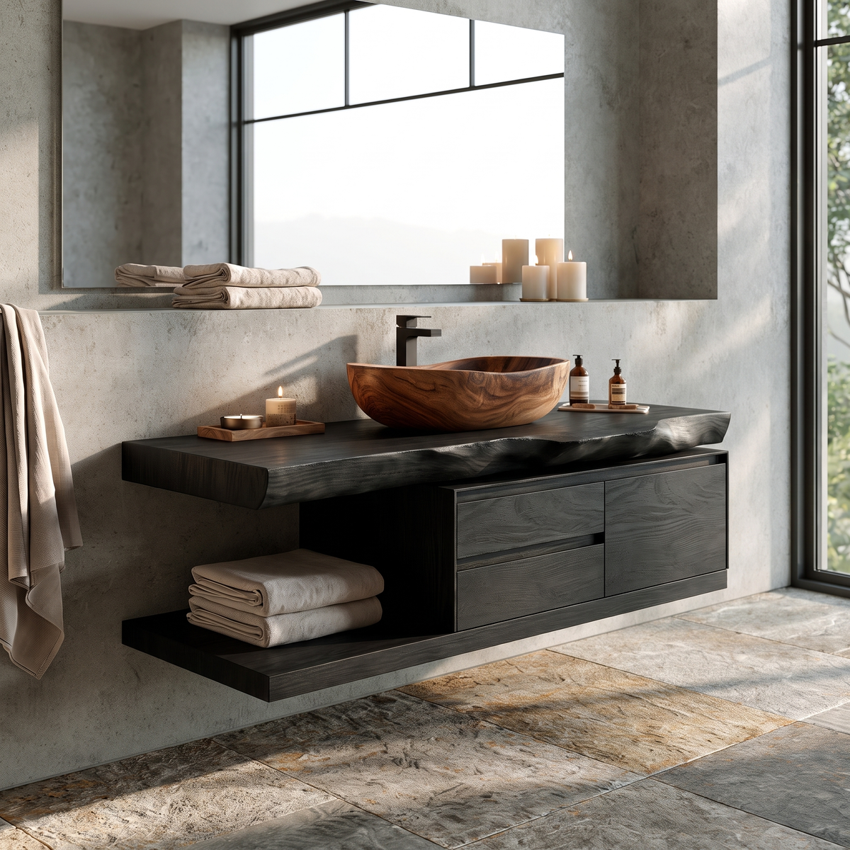 Live Edge Solid Wood Floating Vanity with Soft-Close Drawers in Black finish