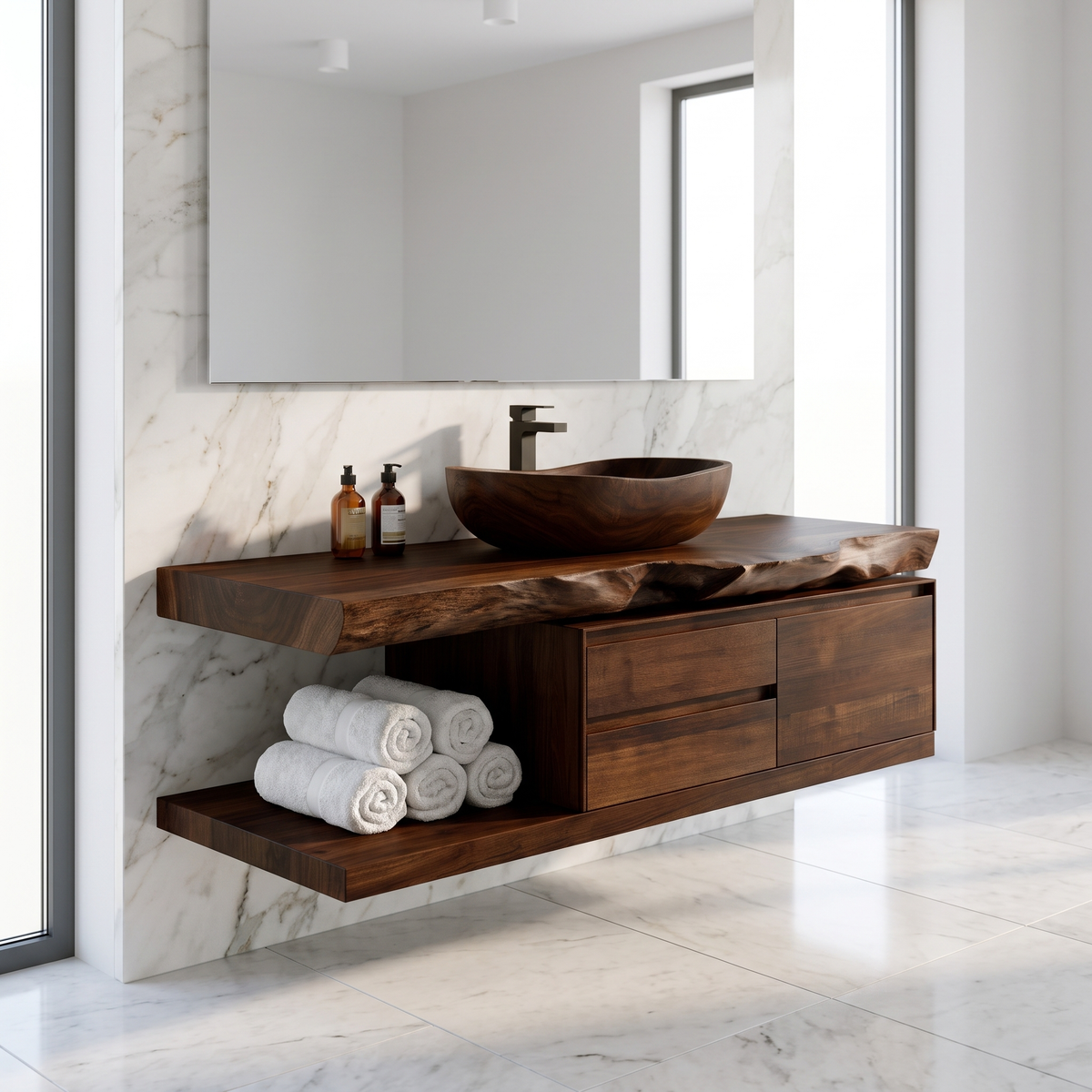 Live Edge Solid Wood Floating Vanity with Soft-Close Drawers in Dark Walnut finish