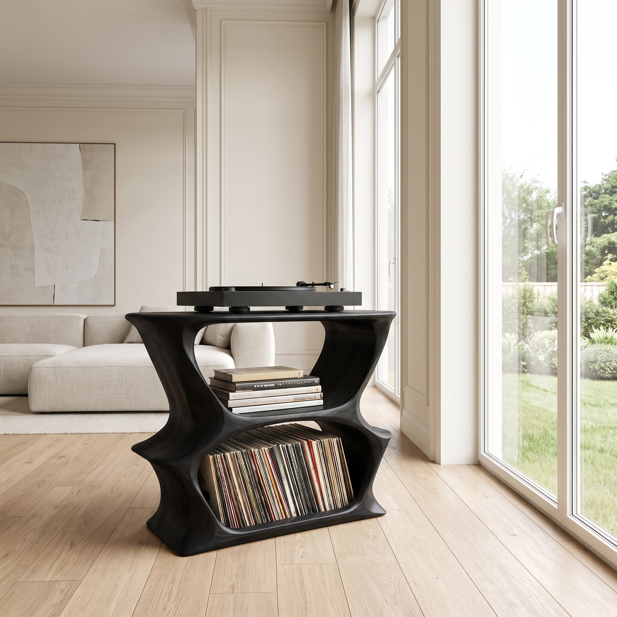 Solid Wood Open Frame Record Player Stand with Two Vinyl Cubbies in Black finish