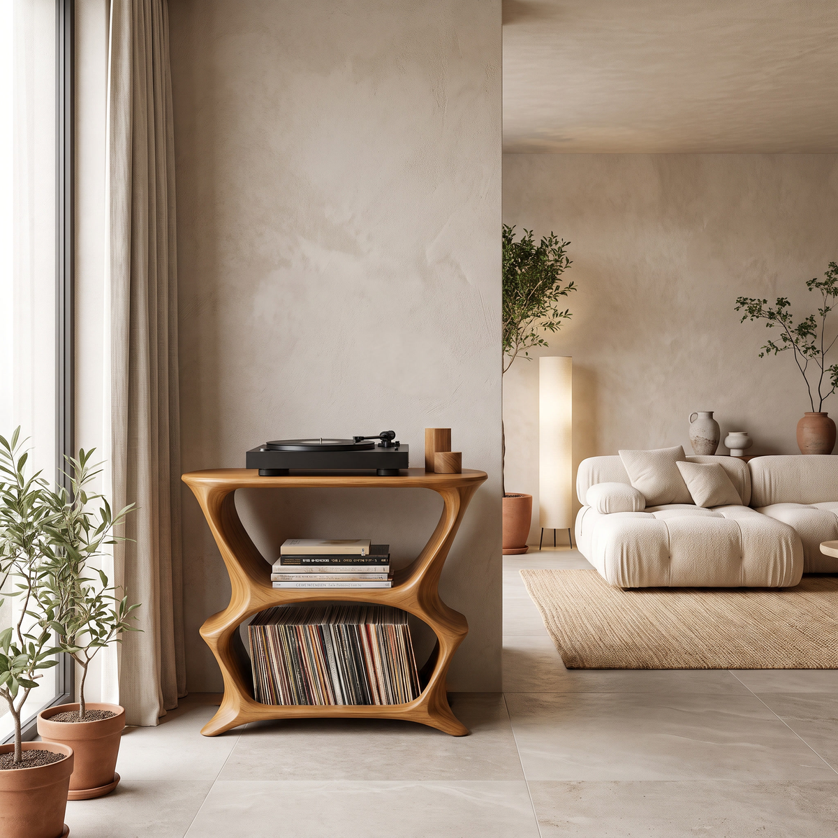 Solid Wood Open Frame Record Player Stand with Two Vinyl Cubbies in Teak finish