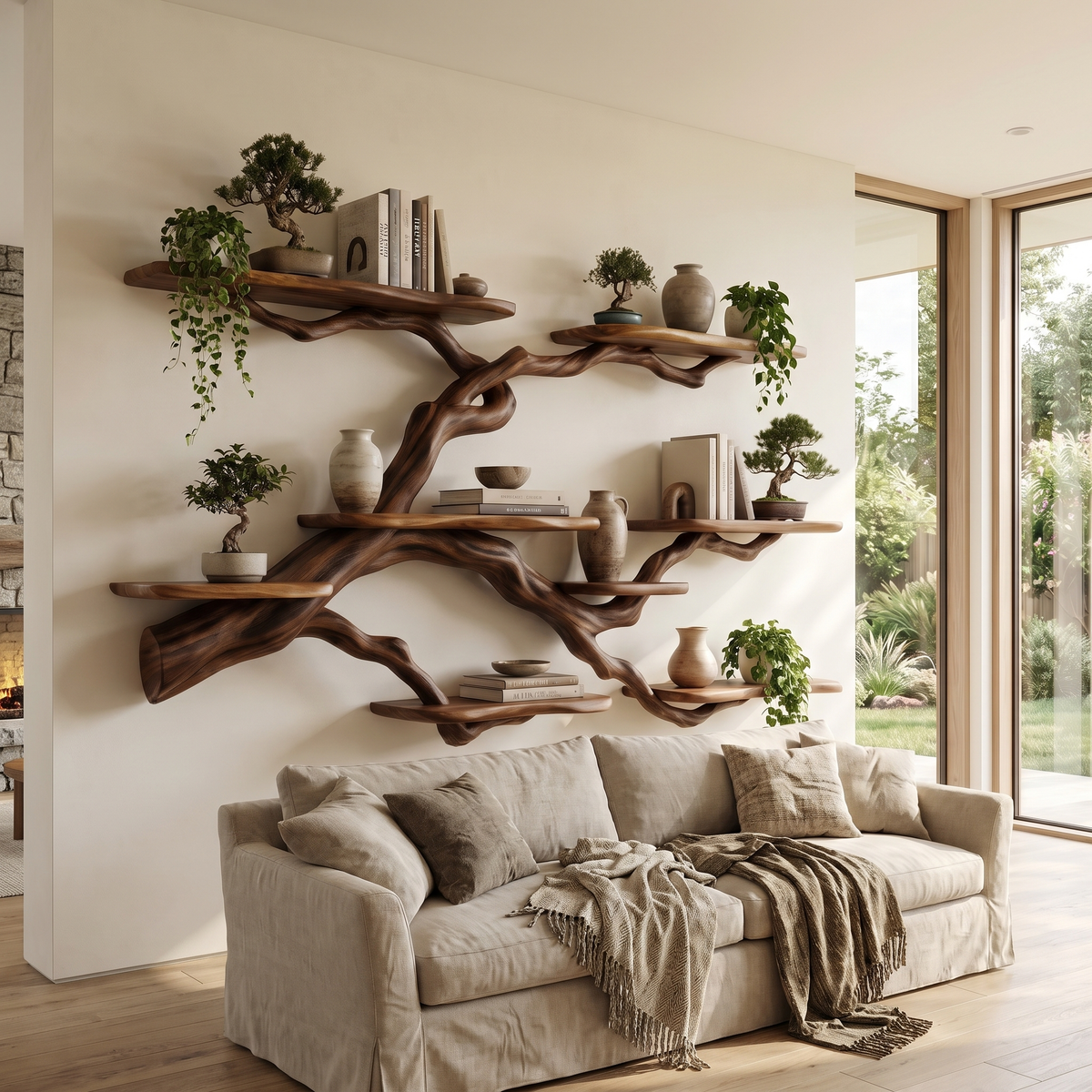 Solid Hardwood Floating Tree Bookshelf with Wide Branching Shelves in Brown finish