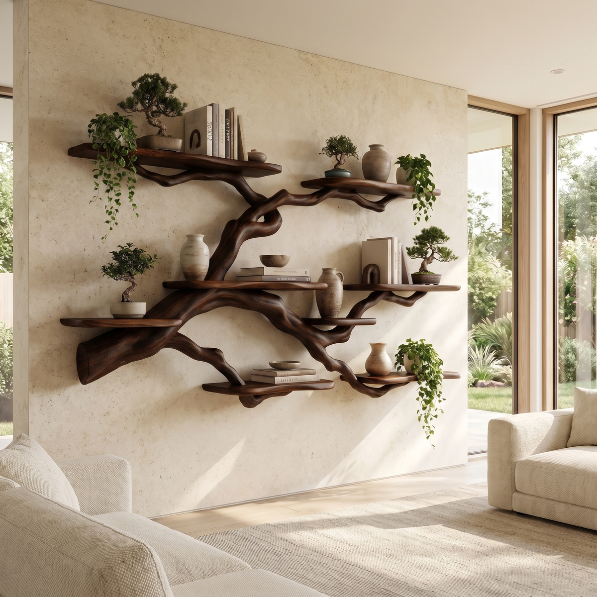 Solid Hardwood Floating Tree Bookshelf with Wide Branching Shelves in Dark Walnut finish