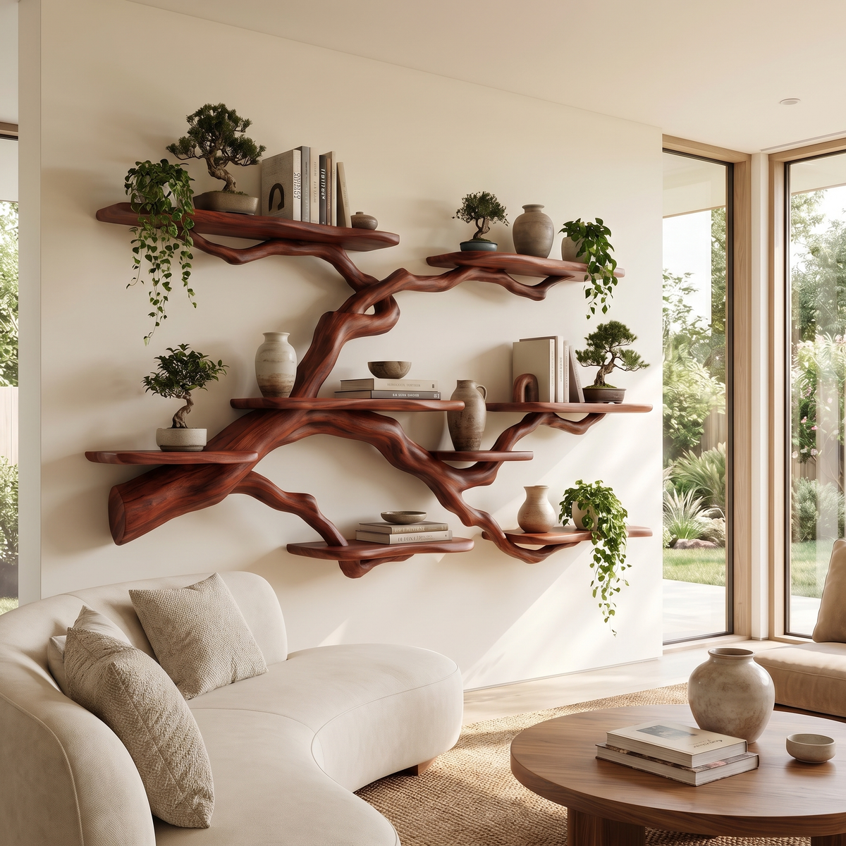 Solid Hardwood Floating Tree Bookshelf with Wide Branching Shelves in Mahogany finish