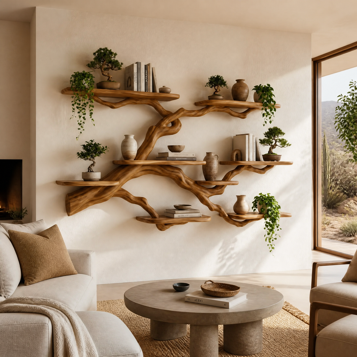 Solid Hardwood Floating Tree Bookshelf with Wide Branching Shelves in Teak finish