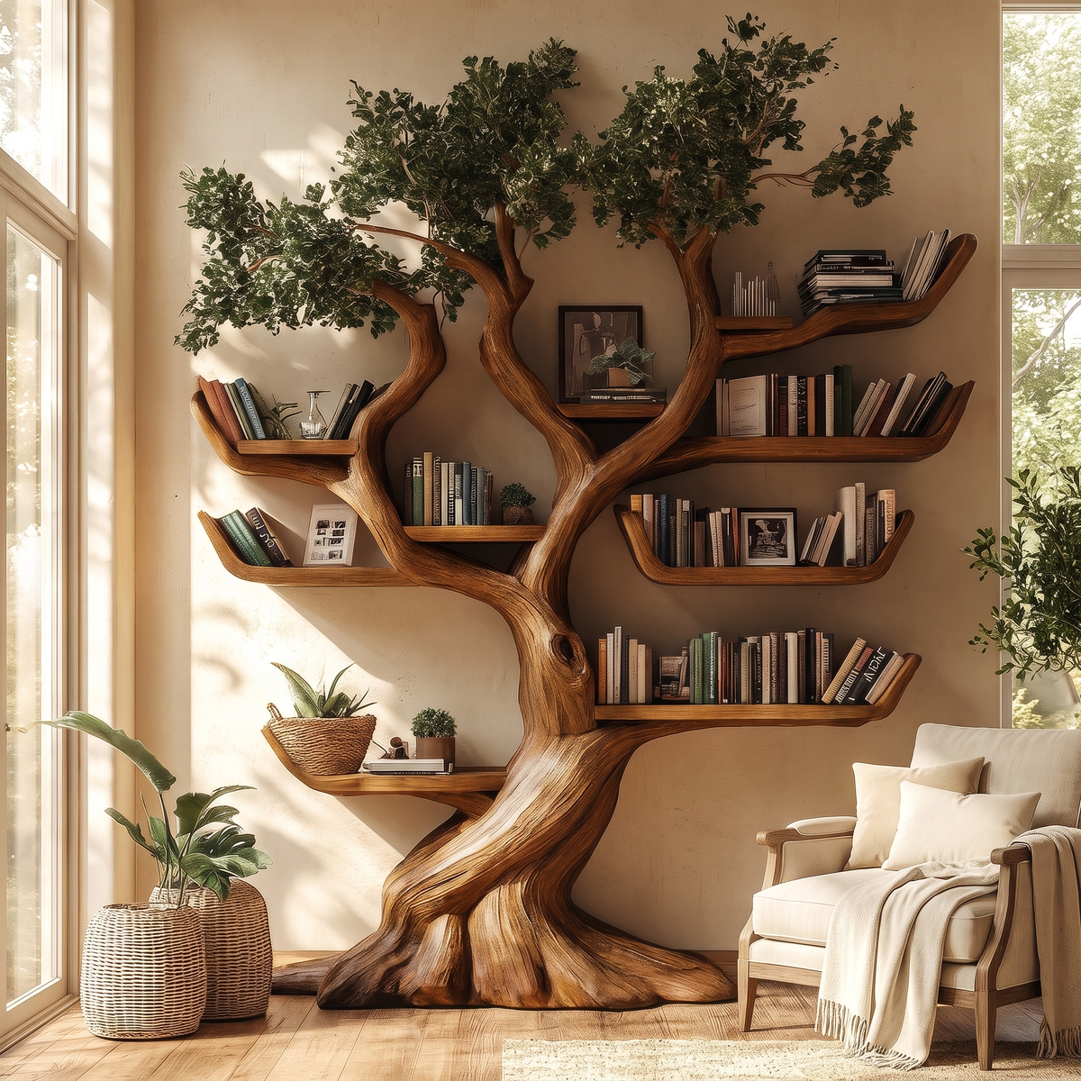 Solid Hardwood Tree Bookshelf with Carved Canopy and Root Base in Brown finish
