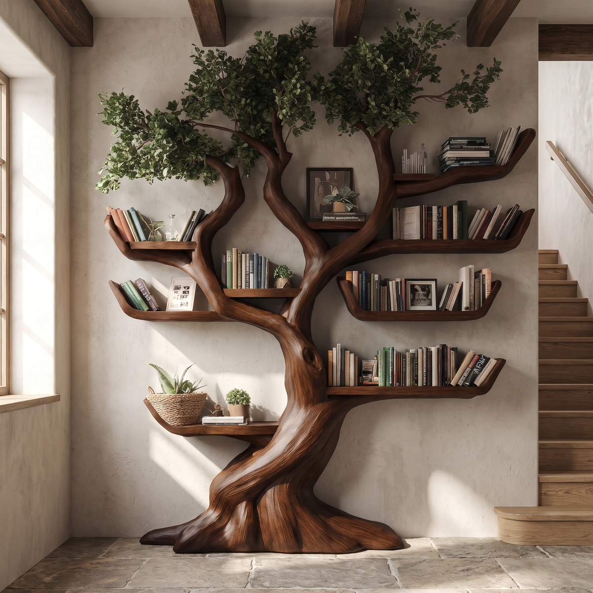 Solid Hardwood Tree Bookshelf with Carved Canopy and Root Base in Dark Walnut finish
