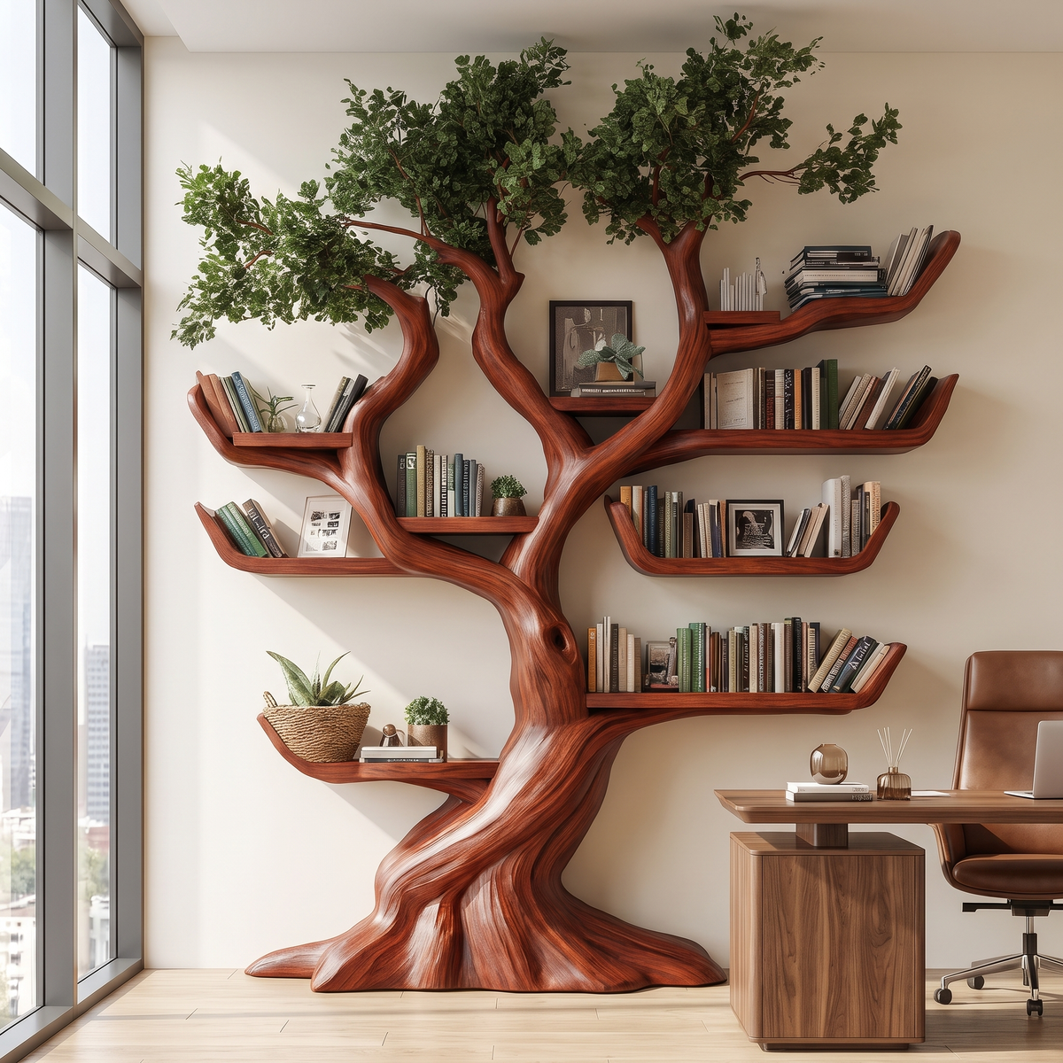 Solid Hardwood Tree Bookshelf with Carved Canopy and Root Base in Mahogany finish