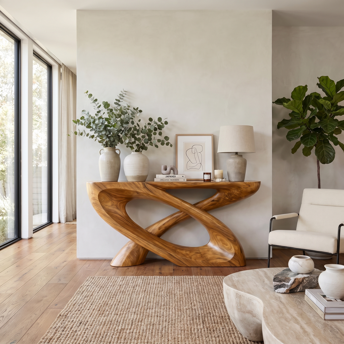 Sculpted Solid Hardwood Console Table with Looped Pedestal Base in Teak finish