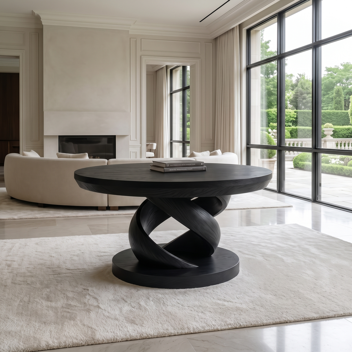 Round Solid Wood Coffee Table with Twisted Pedestal Base in Black finish
