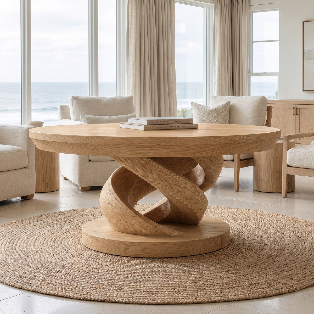 Round Solid Wood Coffee Table with Twisted Pedestal Base in Natural Oak finish