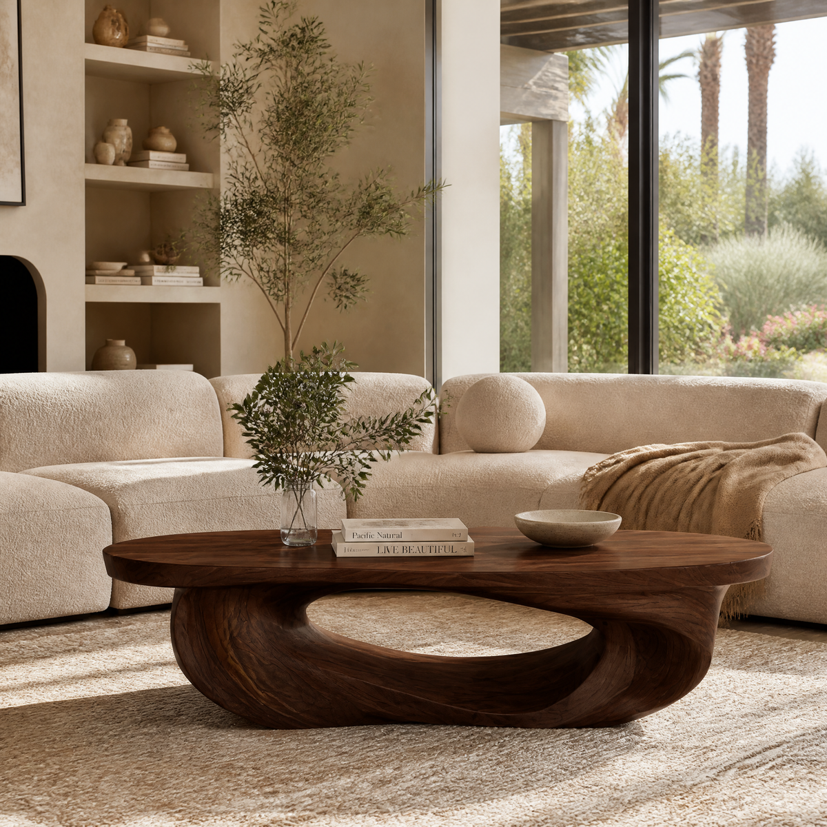 Low Sculpted Wood Coffee Table with Oval Loop Base in Dark Walnut finish