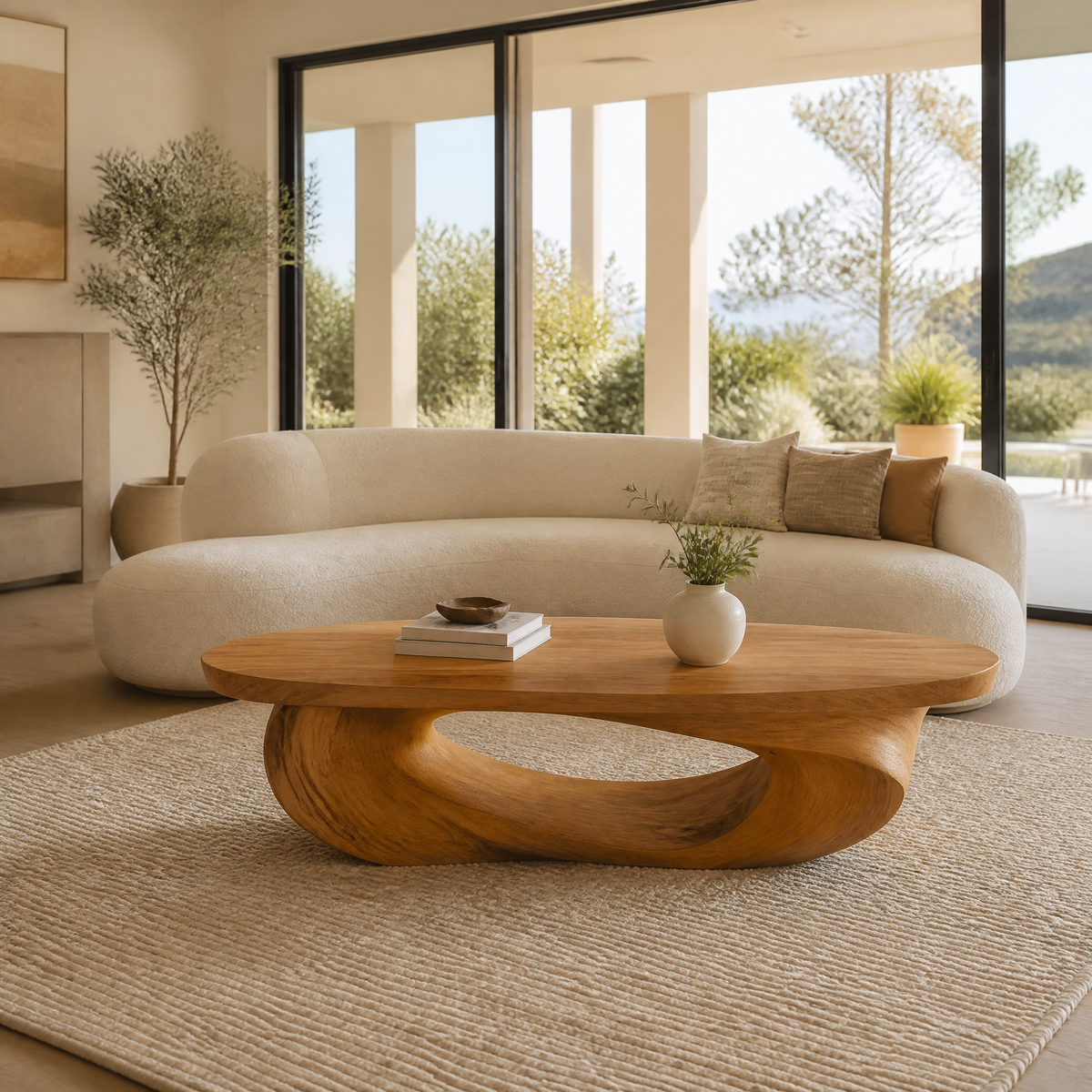 Low Sculpted Wood Coffee Table with Oval Loop Base in Teak finish