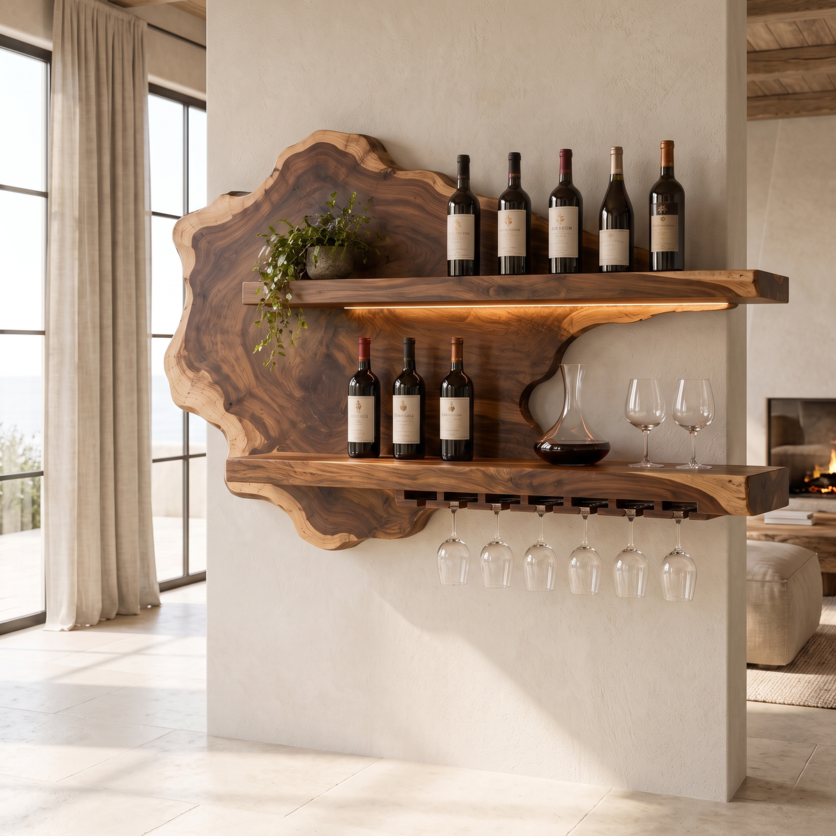 Live Edge Floating Wine Shelf with Back Panel and Stemware Rack in Brown finish