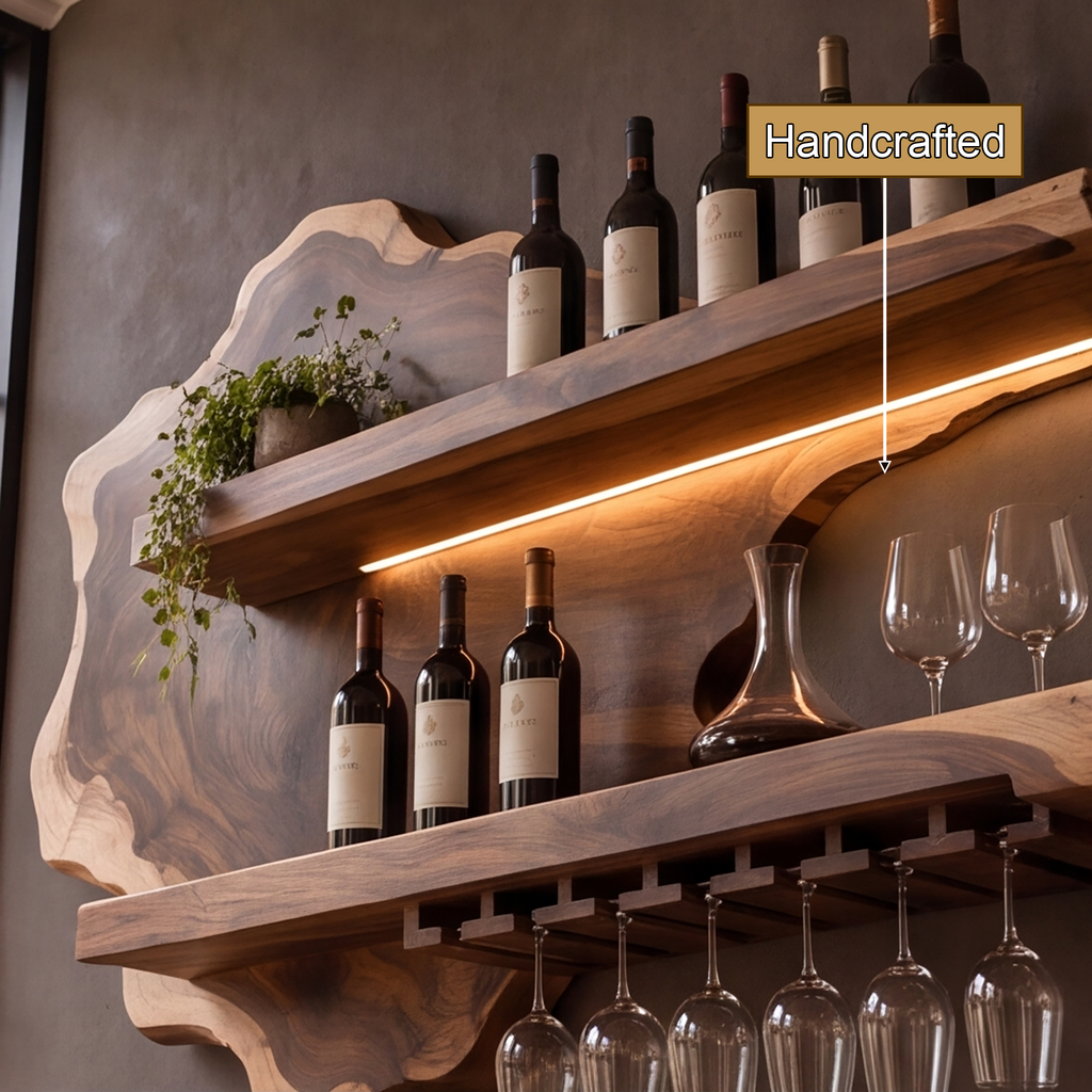 Live Edge Floating Wine Shelf with Back Panel and Stemware Rack - view 10