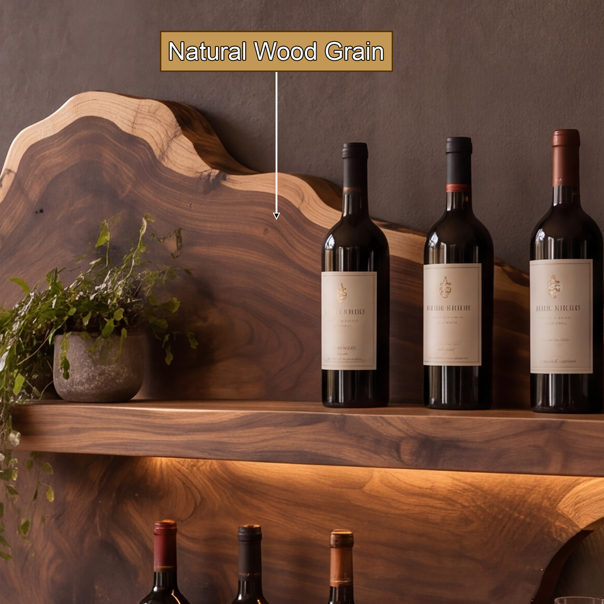 Live Edge Floating Wine Shelf with Back Panel and Stemware Rack - view 9