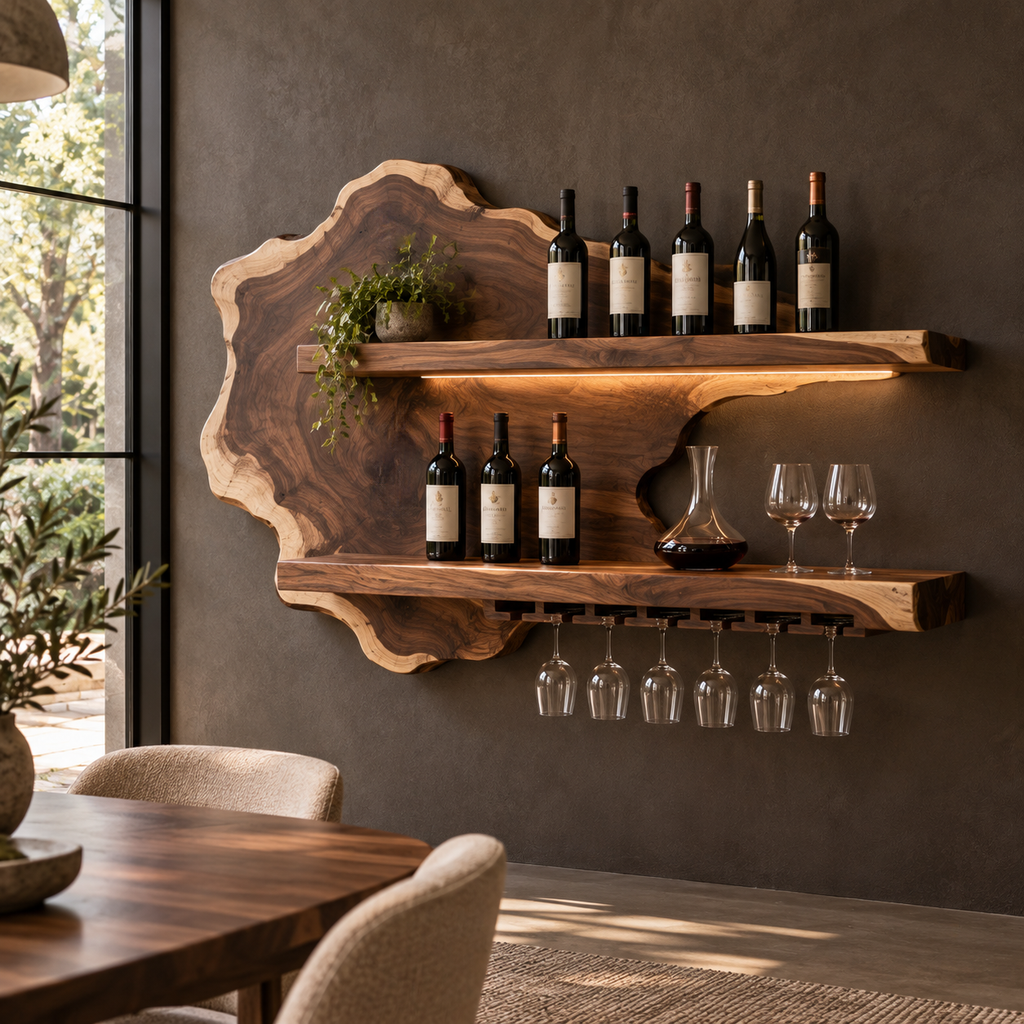 Live Edge Floating Wine Shelf with Back Panel and Stemware Rack