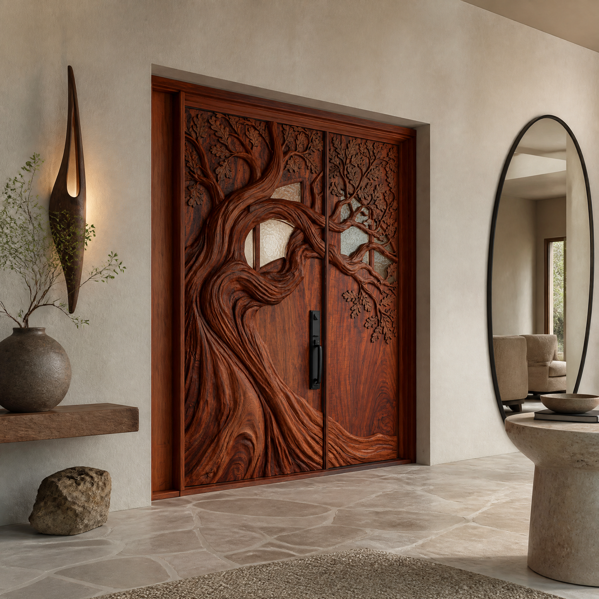 Sculpted Solid Wood Door with Carved Center Panel in Mahogany finish