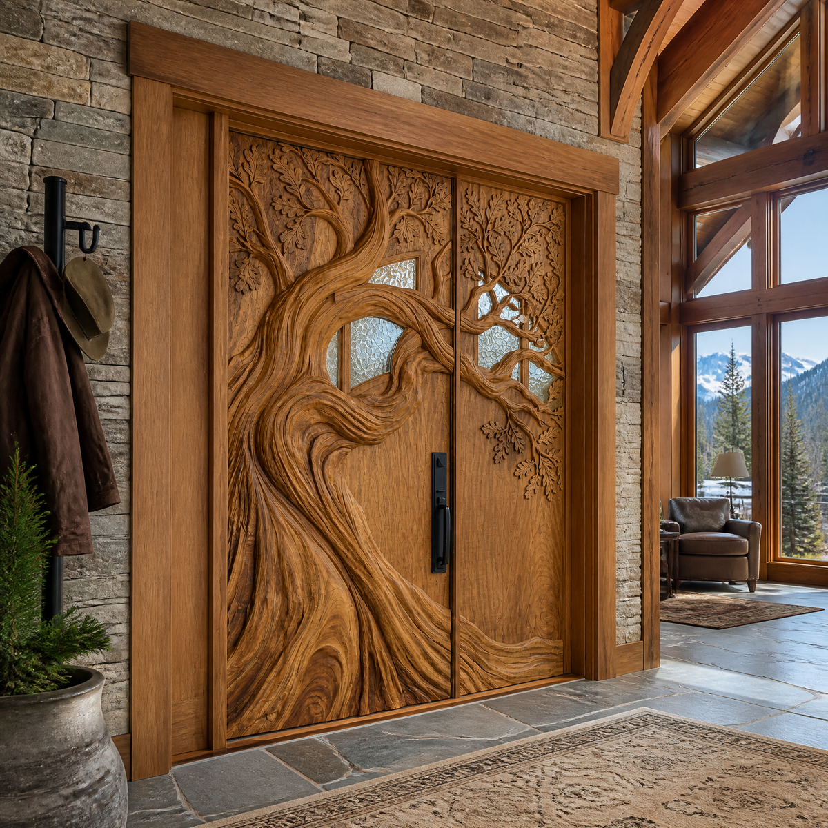 Sculpted Solid Wood Door with Carved Center Panel in Teak finish