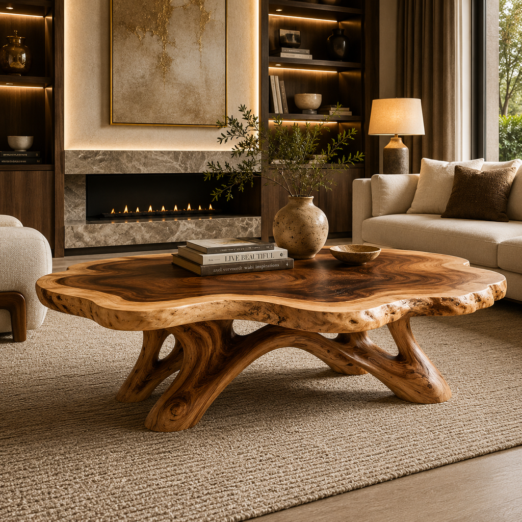 Solid Hardwood Coffee Table with Natural Edge Top and Arched Root Base
