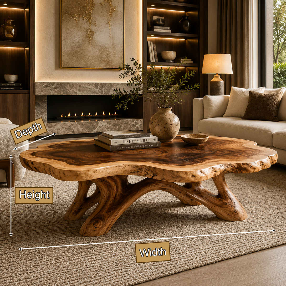 Solid Hardwood Coffee Table with Natural Edge Top and Arched Root Base - view 9