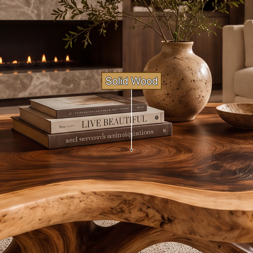 Solid Hardwood Coffee Table with Natural Edge Top and Arched Root Base - view 12