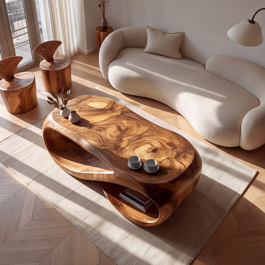 Looping Sculpted Solid Hardwood Coffee Table with Lower Shelf - view 2