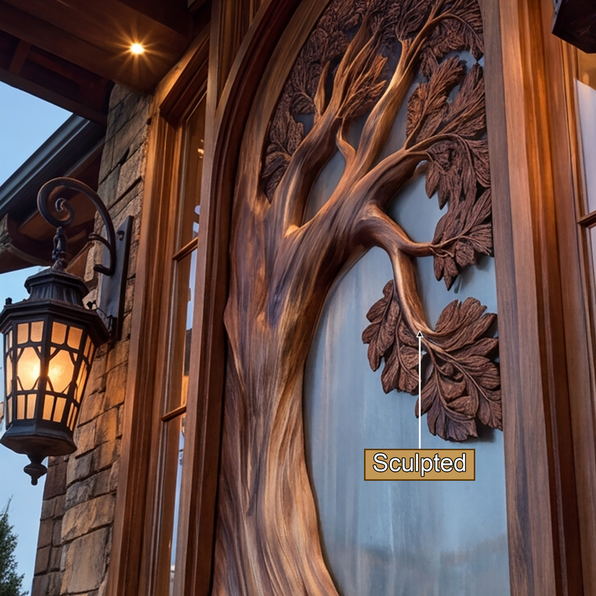Carved Tree Relief Solid Wood Arched Door with Textured Glass - view 9