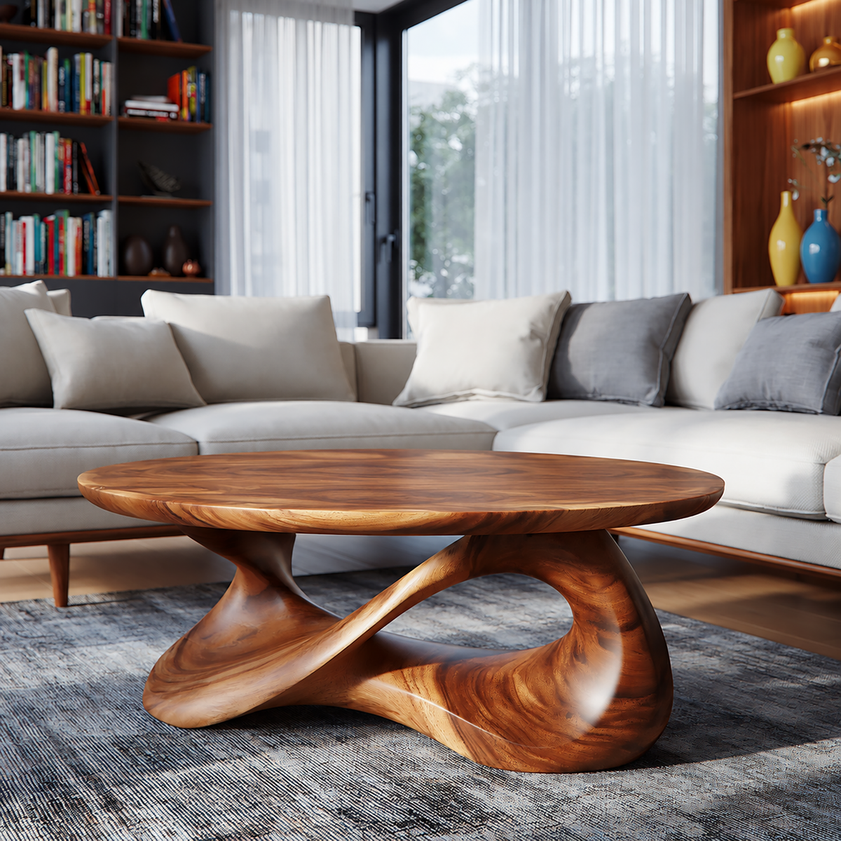 Round Sculpted Solid Wood Coffee Table with Pedestal Base
