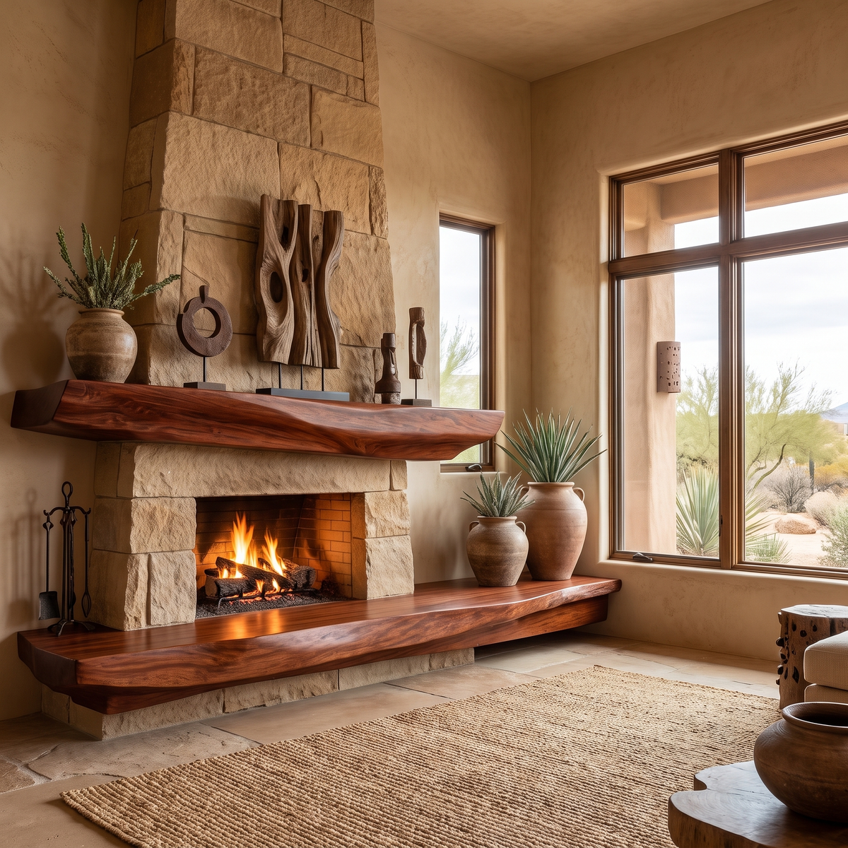 Solid Wood Fireplace Mantel Shelf with Sculpted Underside in Mahogany finish