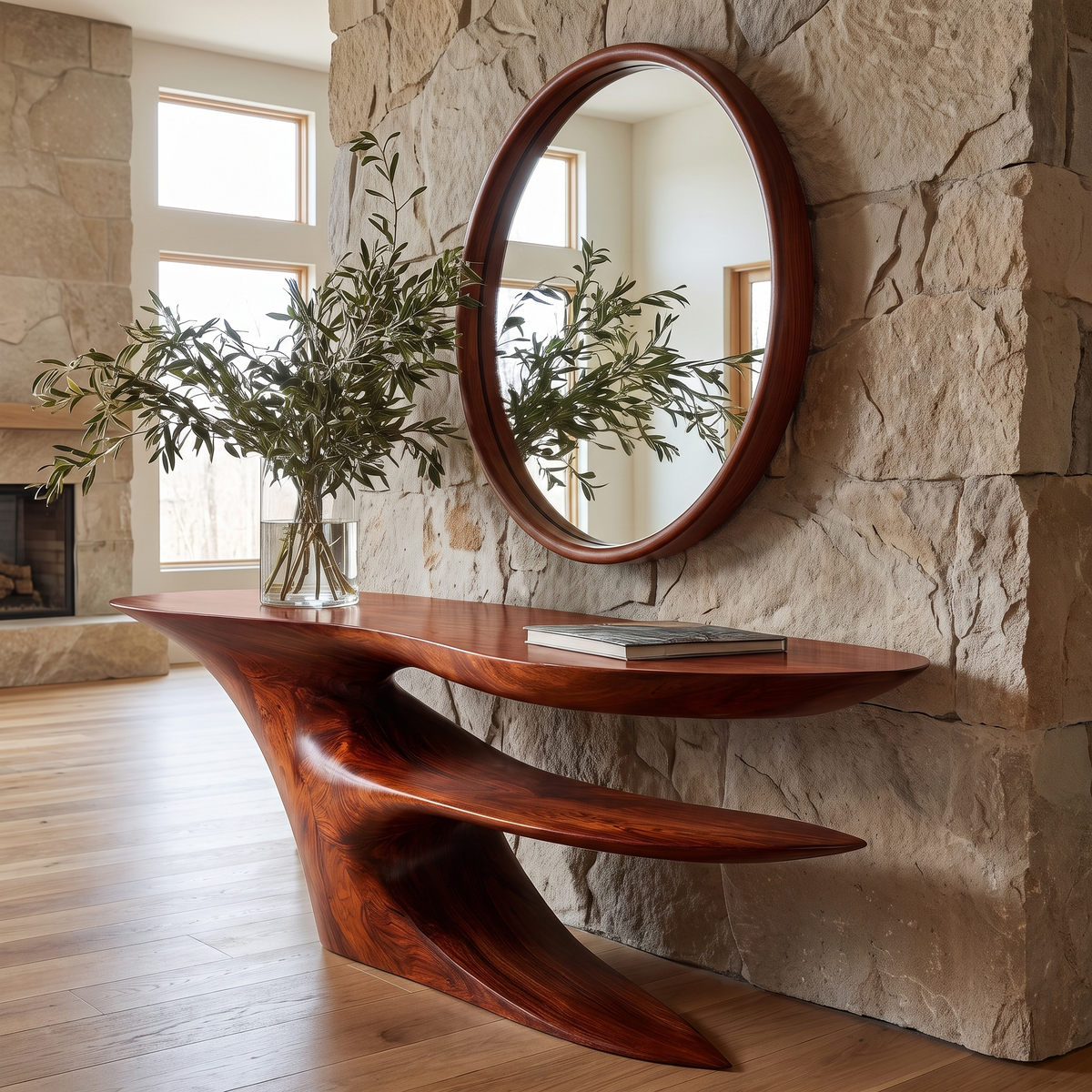 Cantilever Sculpted Solid Wood Console Table with Lower Shelf in Mahogany finish