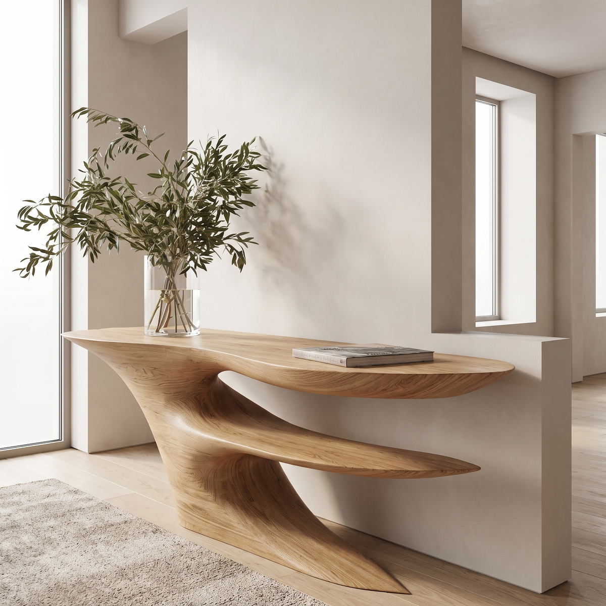 Cantilever Sculpted Solid Wood Console Table with Lower Shelf in Natural Oak finish