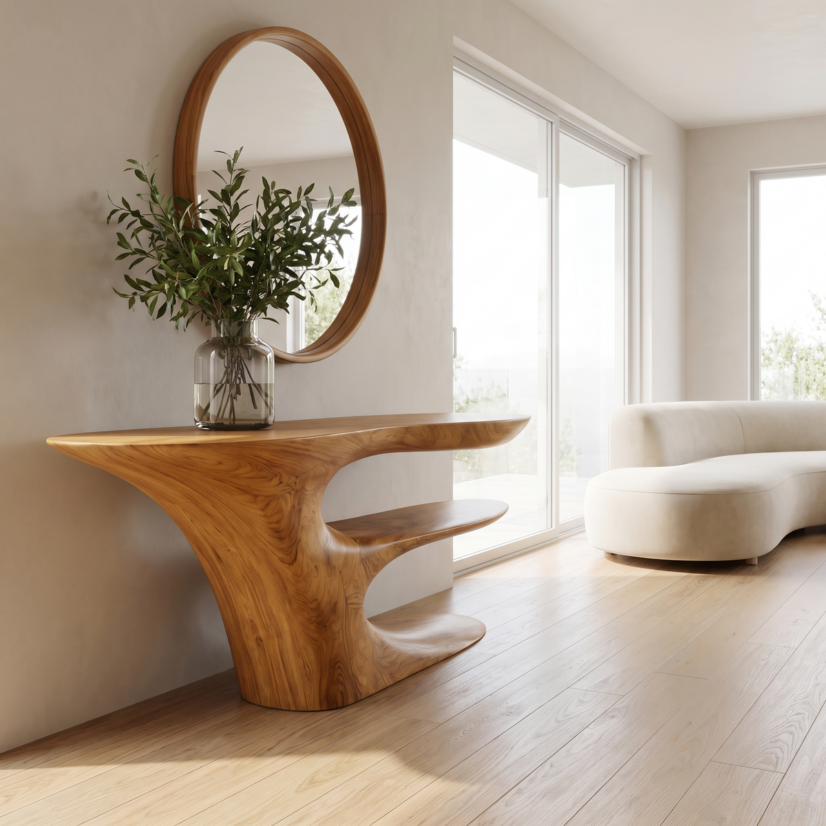 Cantilever Sculpted Solid Wood Console Table with Lower Shelf in Teak finish