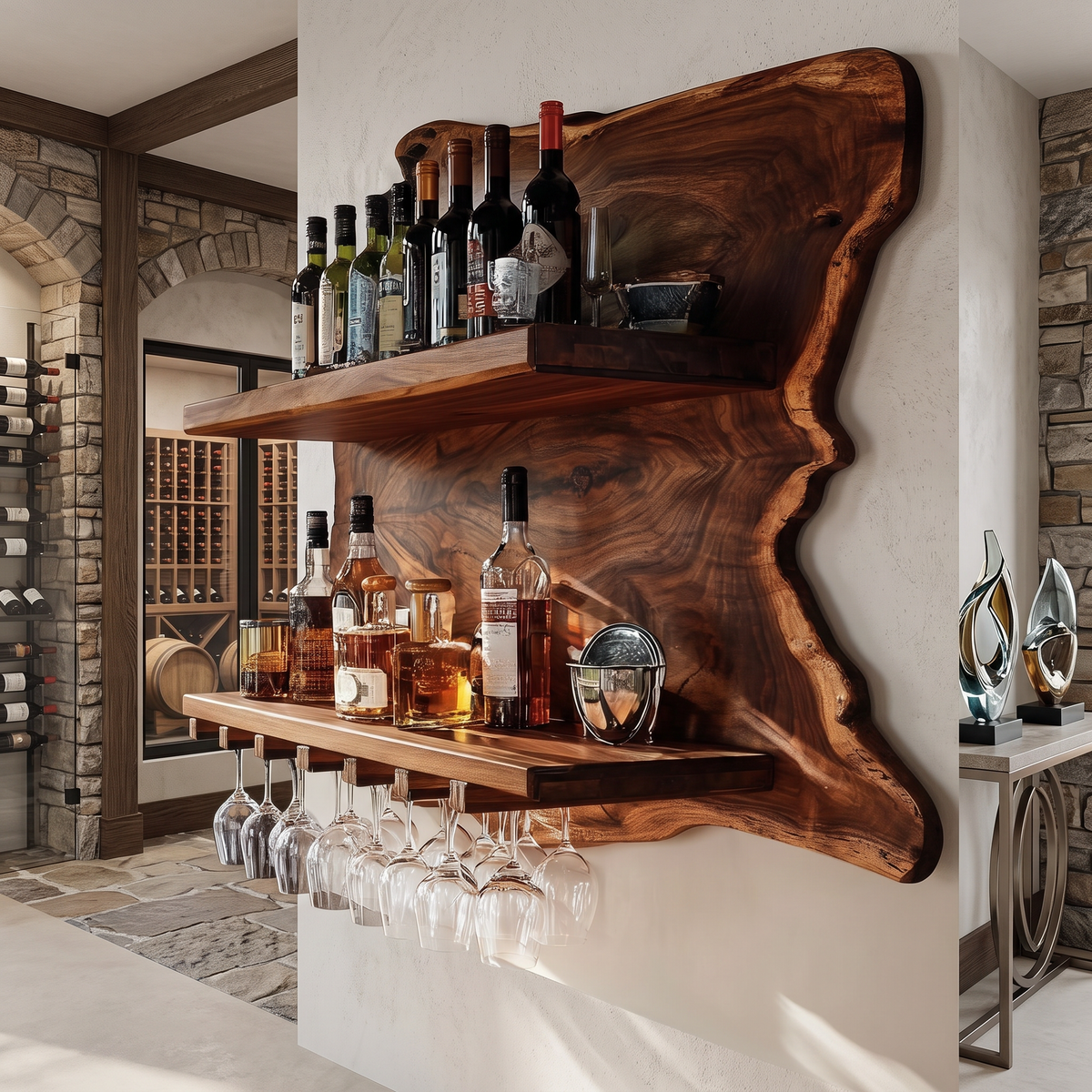 Live Edge Wood Wall Wine Shelf with Integrated Stemware Rack in Brown finish