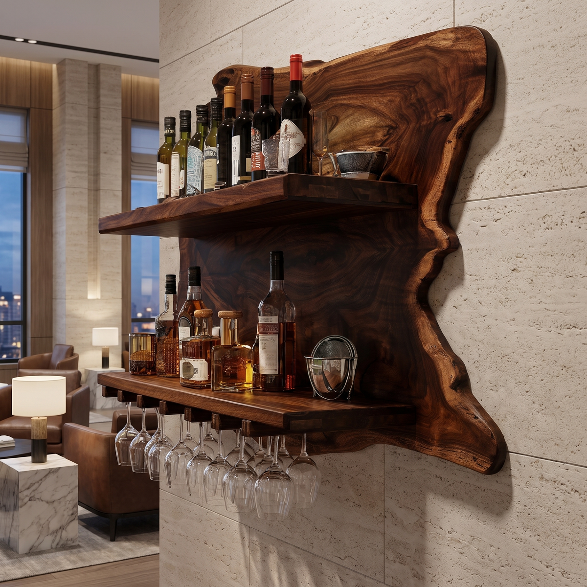 Live Edge Wood Wall Wine Shelf with Integrated Stemware Rack in Dark Walnut finish