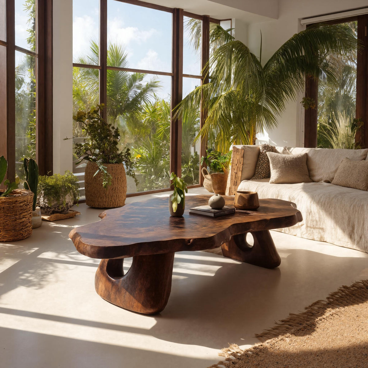 Sculpted Live Edge Coffee Table Carved from a Single Wood Slab