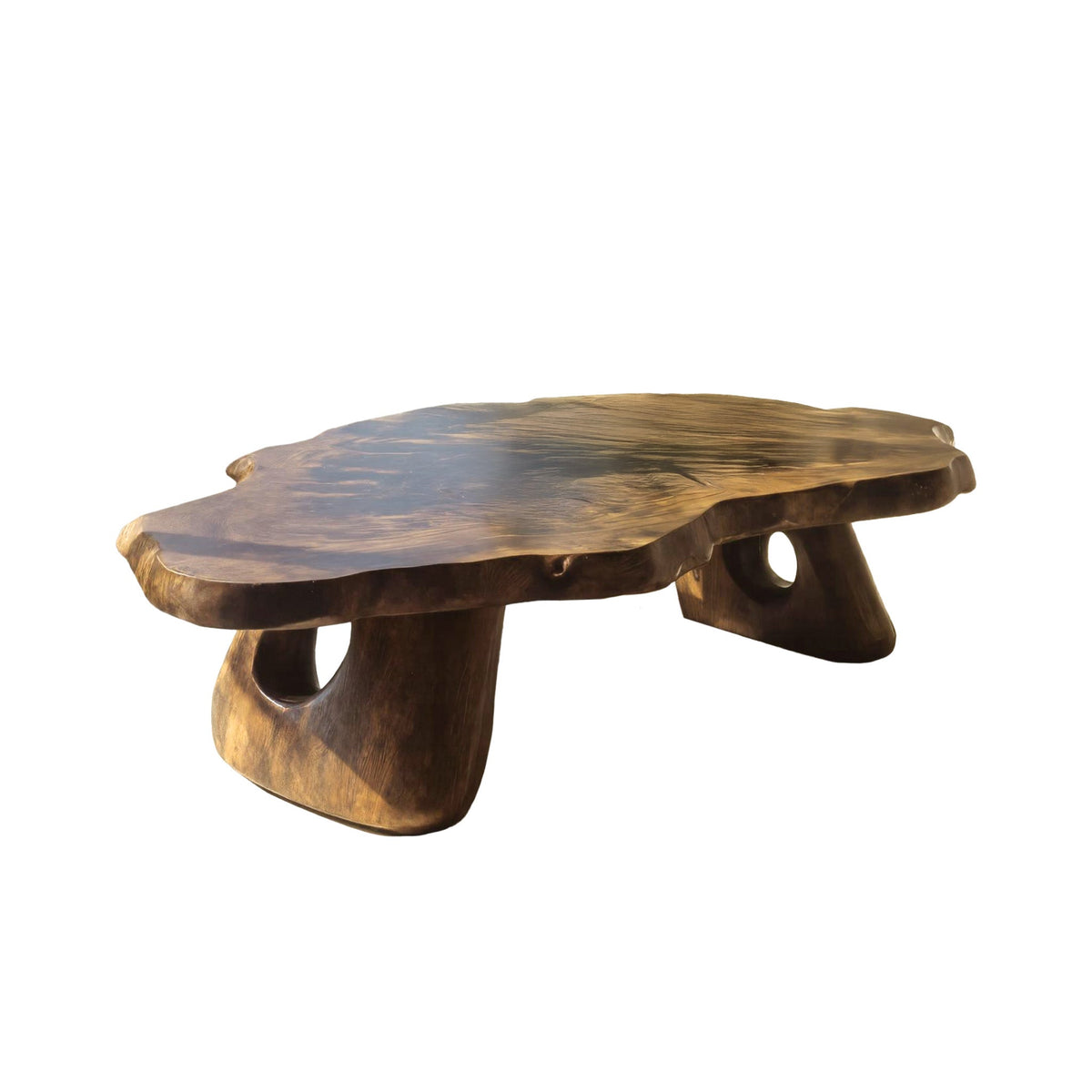 Sculpted Live Edge Coffee Table Carved from a Single Wood Slab in Natural Oak finish