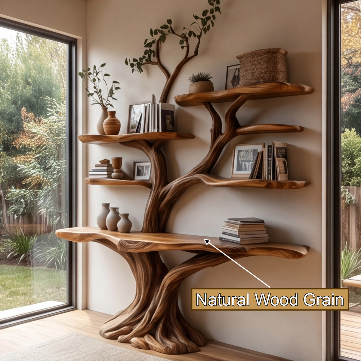Symmetrical Tree Solid Wood Console Table with Upper Shelves - view 4