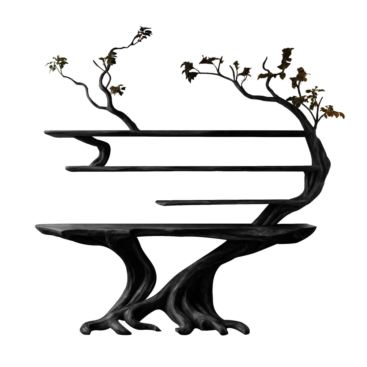 Tree Root Solid Wood Console Table with Live Edge Wall Shelves in Black finish