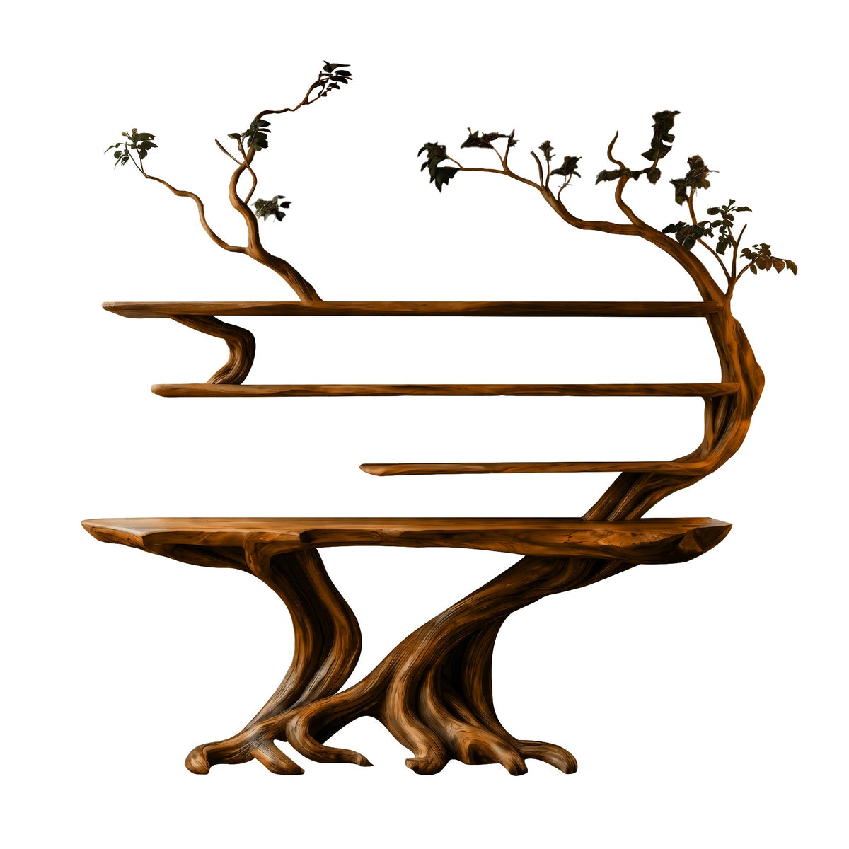 Tree Root Solid Wood Console Table with Live Edge Wall Shelves in Brown finish