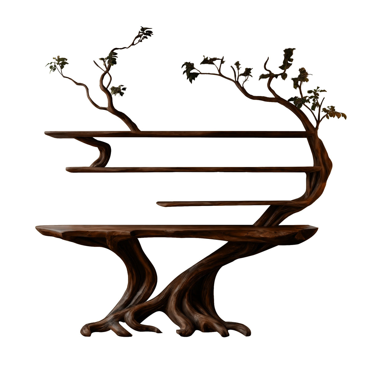 Tree Root Solid Wood Console Table with Live Edge Wall Shelves in Dark Walnut finish