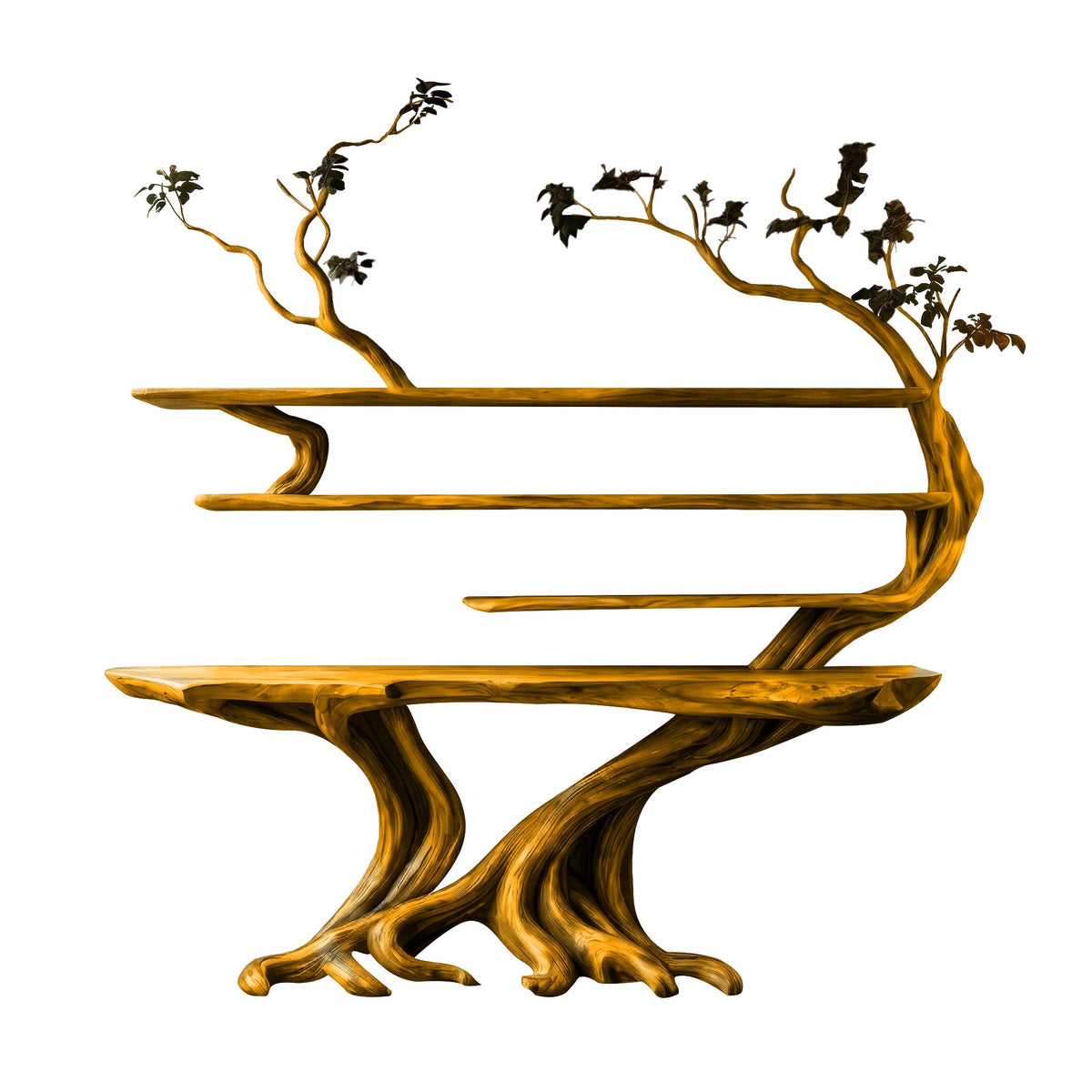 Tree Root Solid Wood Console Table with Live Edge Wall Shelves in Teak finish
