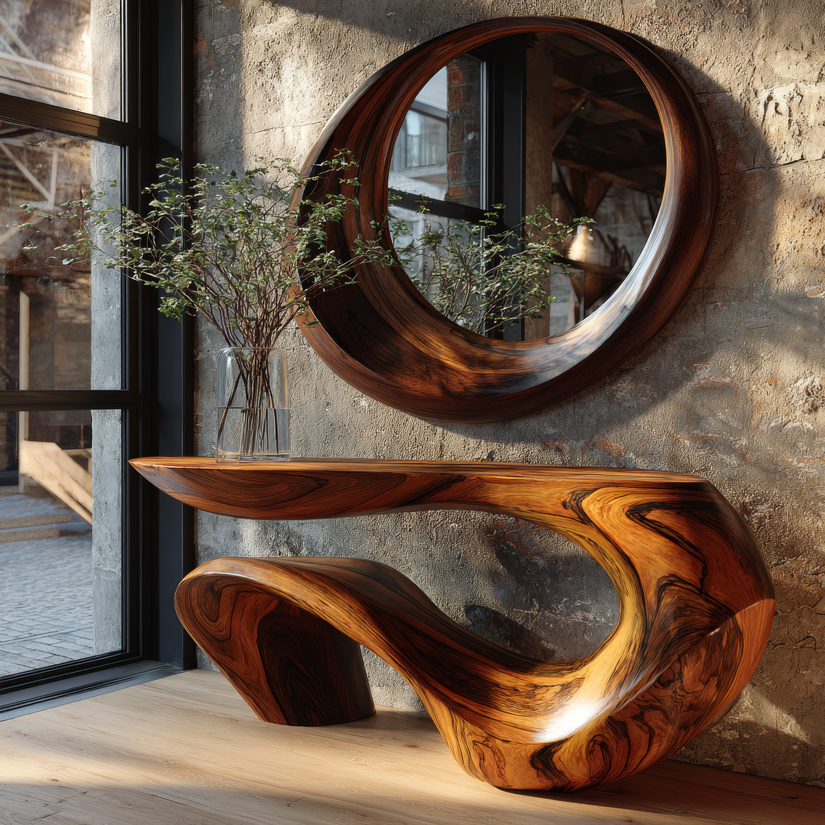 Sculpted Solid Wood Console Table with Wave Asymmetrical Base