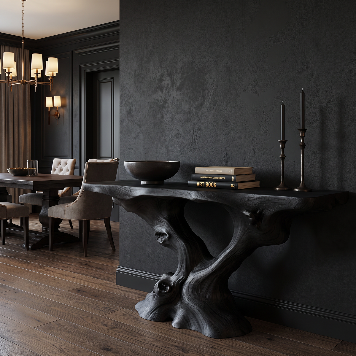 Root-Inspired Solid Wood Console Table with Natural Edge Top in Black finish