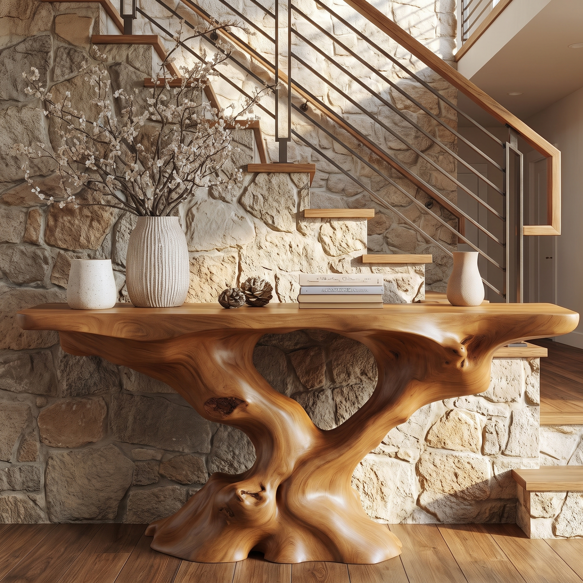 Root-Inspired Solid Wood Console Table with Natural Edge Top in Brown finish