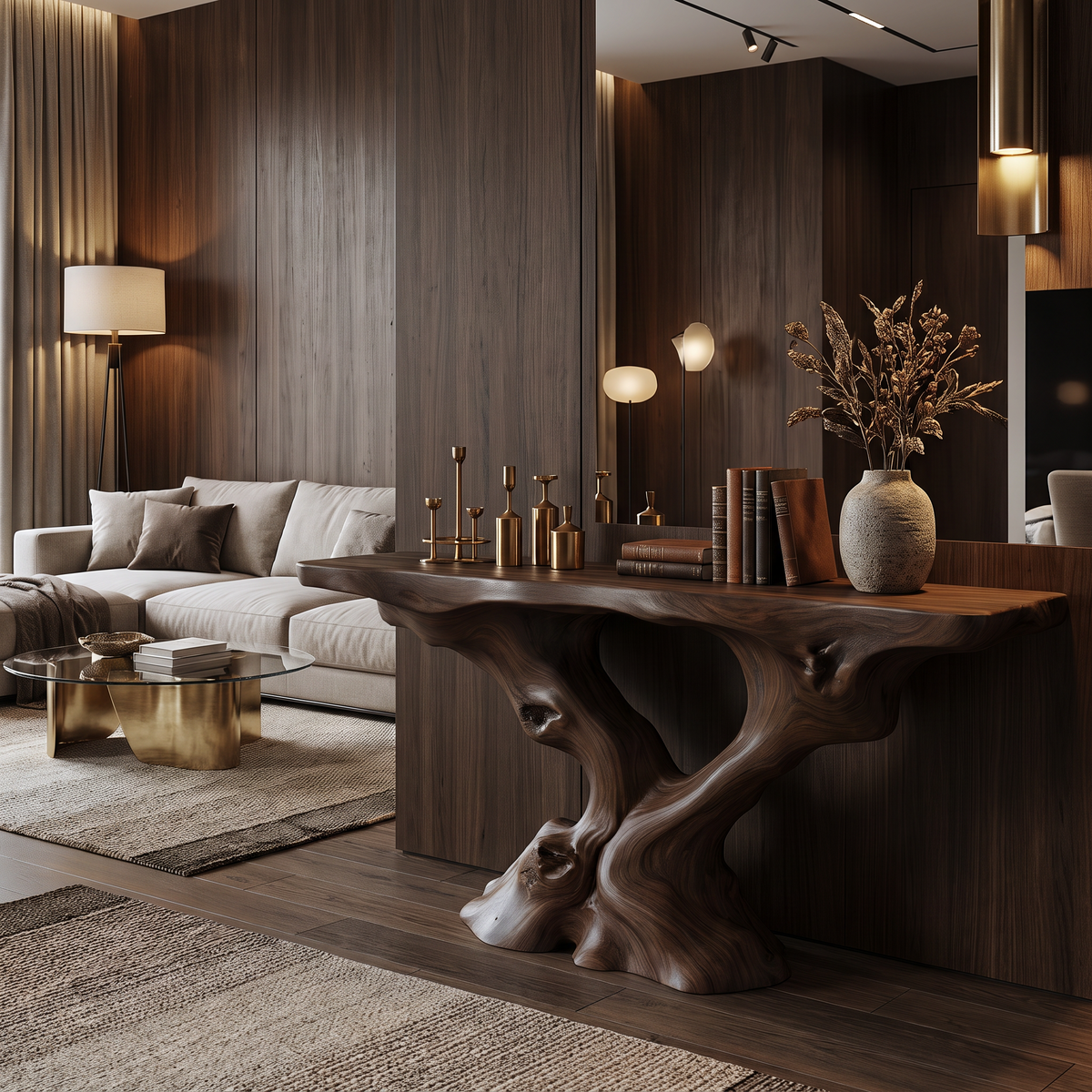 Root-Inspired Solid Wood Console Table with Natural Edge Top in Dark Walnut finish