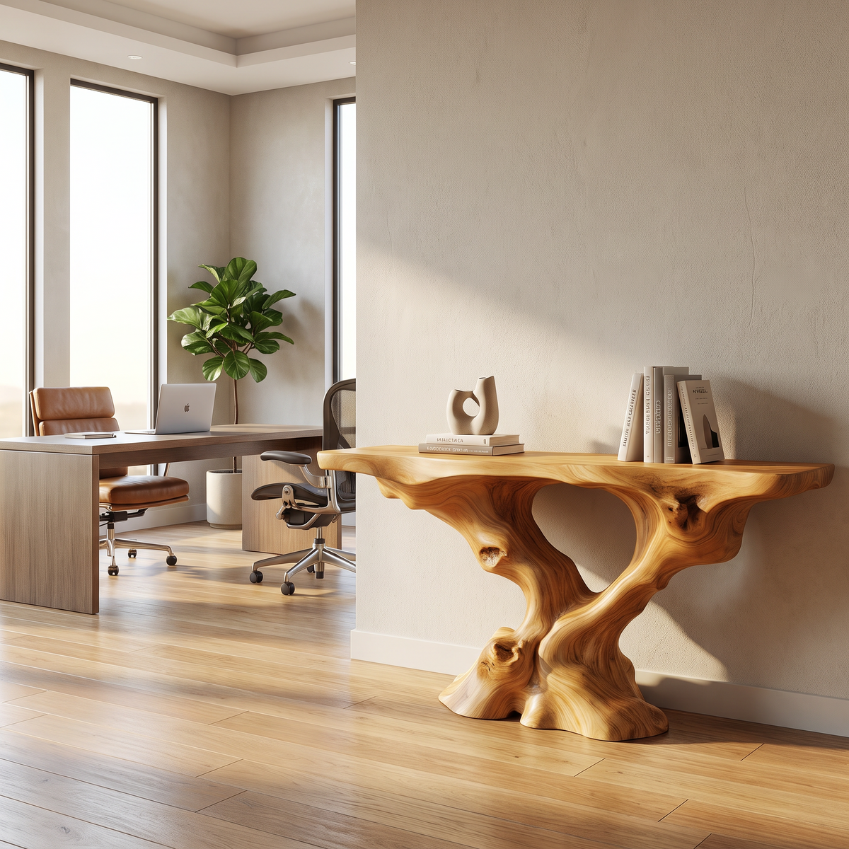Root-Inspired Solid Wood Console Table with Natural Edge Top in Teak finish