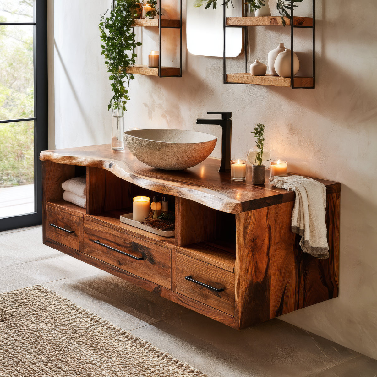 Live Edge Solid Wood Floating Bathroom Vanity with Drawers